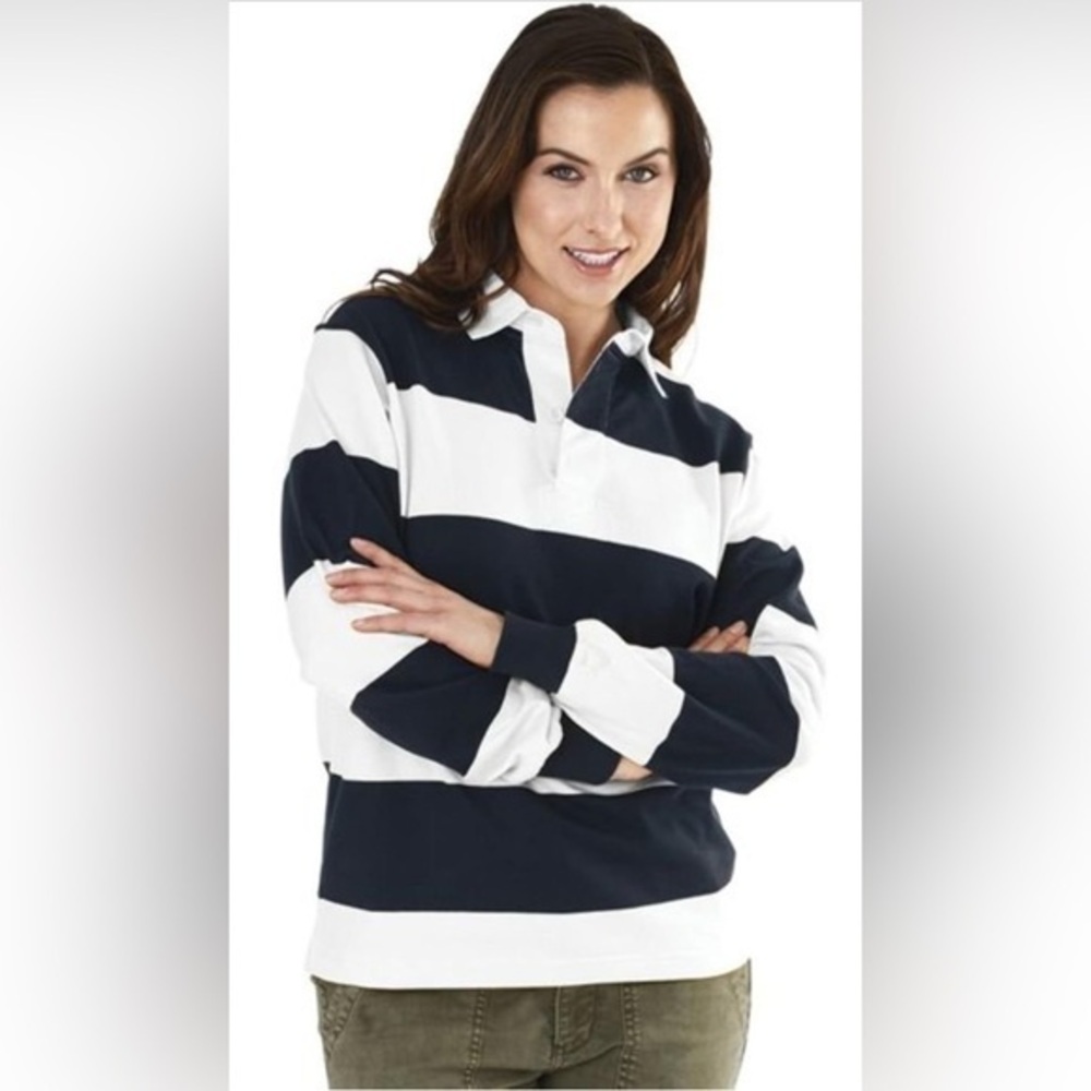 Trendy Queen Women's Long Sleeve Stripe V-Neck Collared Rugby Shirt Button L